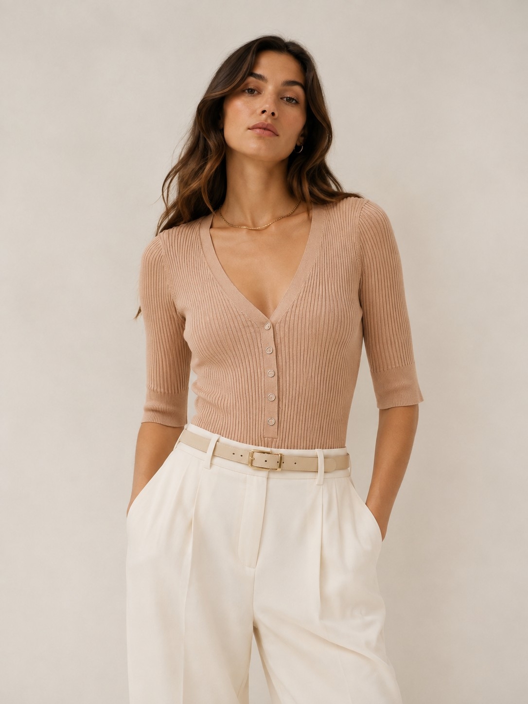 A.L.C. Ribbed V-Neck Button-Front Bodysuit In Taupe